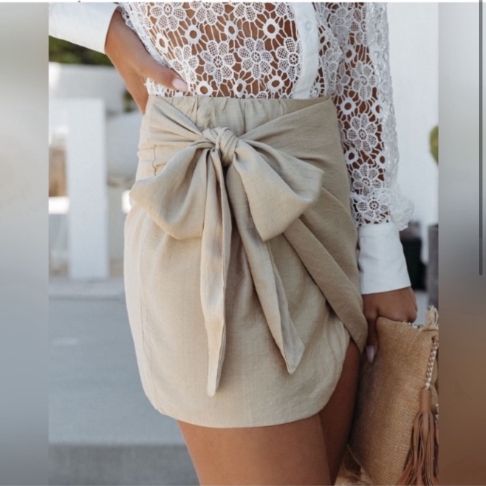 Taupe Wrap Mini Skirt - Picture 2 of 9